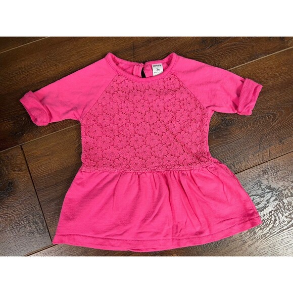 Carter’s Size 3T Hot Pink 3/4 Sleeve Tunic, Lace Bodice! - Picture 1 of 5